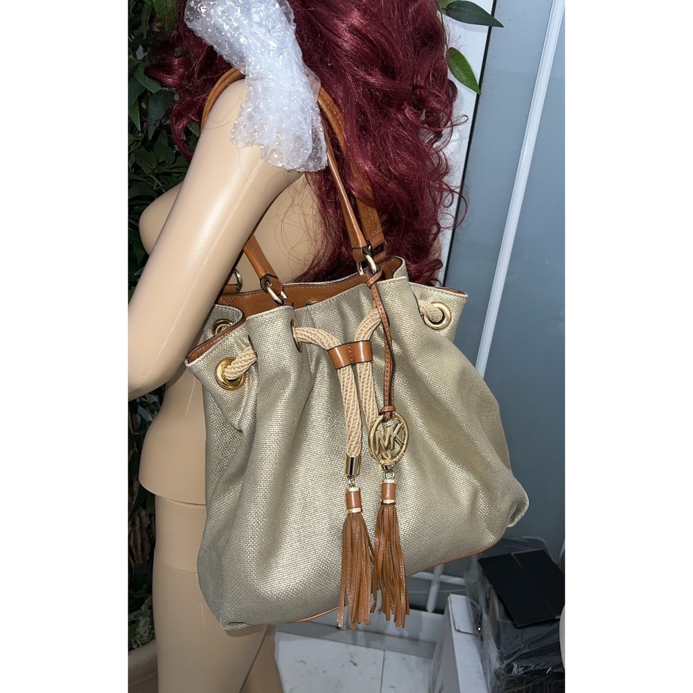 MK large golden canvas draw string tote, brown leather ,golden(15-b0)